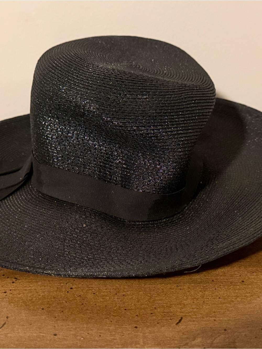 Vintage Gaye Black Straw Wide Brim Hat | Sparkle Weave | Ribbon Bow